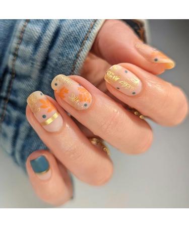 Fall Press on Nails - Short Square False Nails with Maple Leaf Design | Thanksgiving Full Cover Autumn Glossy Nude Pink Manicure - Buy Online on GoSupps.com