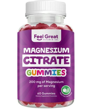Feel Great Vitamins Magnesium Citrate Gummies - High Absorption for Muscle Relaxation Calm & Sleep Support Aids Occasional Constipation Vegan Non-GMO 200mg Per Serving - 60 Gummies