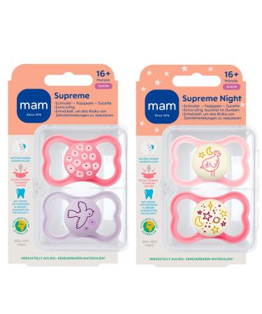 MAM Dental Pacifier Supreme Set for Girls - 16+ Months Skin Soft Silicone Tooth-Friendly 4-Pack - Buy Online on GoSupps.com