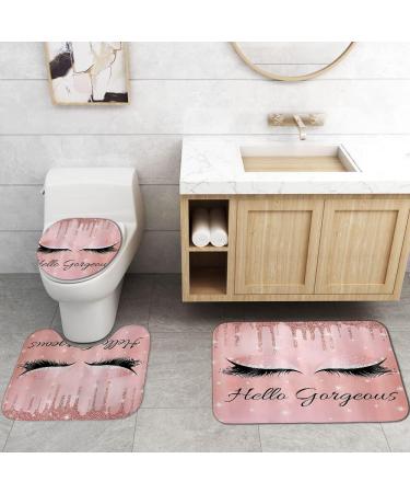 OLEBETY 4PCS Unicorn Eyelash Shower Curtain Set with Rose Gold Glitter Makeup Theme - Pink Glam Bathroom Decor Set with Non-slip Bath Mat & Toilet Rug - Buy Online on GoSupps.com
