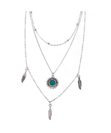Boho Layered Feather Choker Necklace | Turquoise Pendant & Vintage Crystal Sun Jewelry for Women & Girls - Buy Online on GoSupps.com
