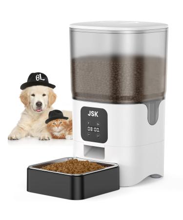 JSK Automatic Cat Feeders, 6L Dog Feeder Pet Dry Food Dispenser with Stainless Steel Bowl & Double Lock Lid, Up to 6 Portions 6 Meals Per Day & 10s Voice Recorder for Small/Medium Pets White