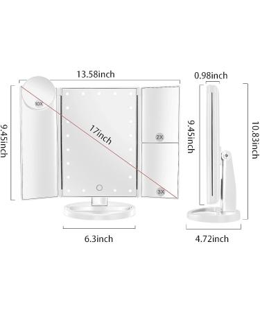 Lighted Trifold Makeup Mirror with 10X Magnification - Touch Control, Dual Power Supply - Portable LED Vanity Mirror for Women - White - Buy Online on GoSupps.com