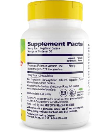 Healthy Origins Pycnogenol 150 mg - Premium Gluten-Free Pine Bark Extract for Heart Health & Skin Care - 30 Veggie Caps - Buy Online on GoSupps.com