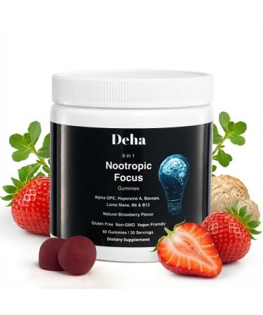 Deha Focus Gummies Nootropic Brain Supplement with Vitamin B6 Vitamin B12 Alpha GPC Huperzine A Bacopa Monnieri Lions Mane Mushroom Gummies Vegan Non-GMO Gluten-Free 60 Gummies