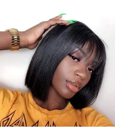 Bfary Short Bob Wigs With Bangs Human Hair for Black Women 100% Brazilian Virgin Straight Wigs Glueless None Lace Full Machine Made Wig(1B 10 inch) 10 Inch (Pack of 1) 1B