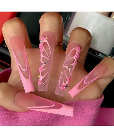 JUSTOTRY 24 Pcs Floral False Nails Long with Butterfly Pink French Press on Nails Patterns Diamond Ballerina Stick on Nails for Women Acrylic Coffin Fake Nails Medium with Glue for Nail Art Butterfly&pink 1