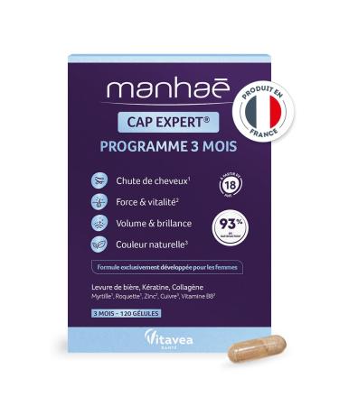 Manha Cap Expert Dietary Supplement for Hair Loss Strength Volume Shine - Biotin (Vitamin B8) Brewer's Yeast Keratin Collagen Minerals - 120 Capsules - Made in France
