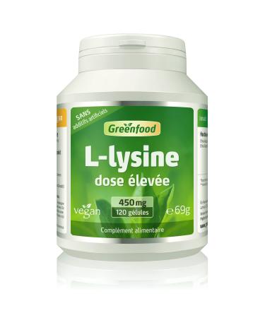 Greenfood L-Lysine, 450 mg, high dose, 120 capsules, vegan - amino acid, NO artificial additives, no genetically modified organisms.