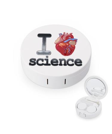 I Lvoe Science Heart Cute Contact Lens Case Travel Portable Round Contact Storage Box Kit with Mirror for Daily Outdoor