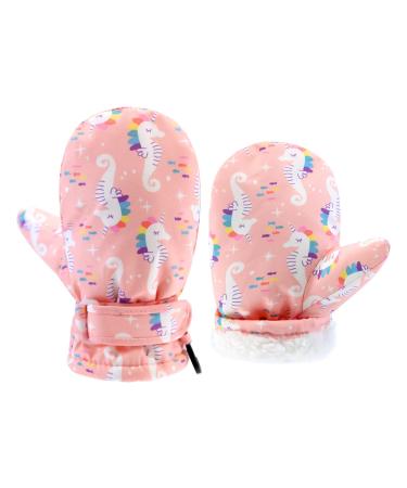 Toddler Waterproof Mittens Fleece Lined Baby Boys Girls Winter Warm Glove Kids Snow Infant Ski Mitten for 3M-5T Pink Seahorse 3-12M(No thumb)