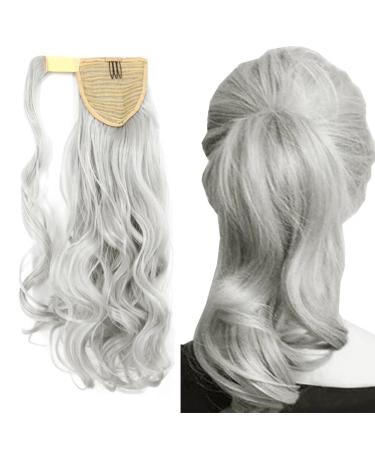 Silver Clip In Ponytail Hair Extension - iLUU Wrap Around Synthetic Pony Tail Long Curly Wavy Hairpiece Hair Piece Ponytails Hair Extensions for Women Lady Girl Party(Silver Color 18" 100g)