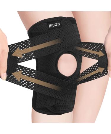 ihuan Knee Braces for Knee Pain Women Men - Open Patella Knee Compression Sleeve with Adjustable Straps for Working Out  Knee Support with Side Stabilizers for Meniscus Tear  MCL  ACL  Arthritis Black Large