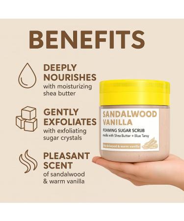 Foaming Body Scrub with Built-In Scrubber Sandalwood Vanilla Scent Exfoliates & Smooths Skin Hydrating Formula Paraben-Free 16 oz for All Skin Types - Buy Online on GoSupps.com