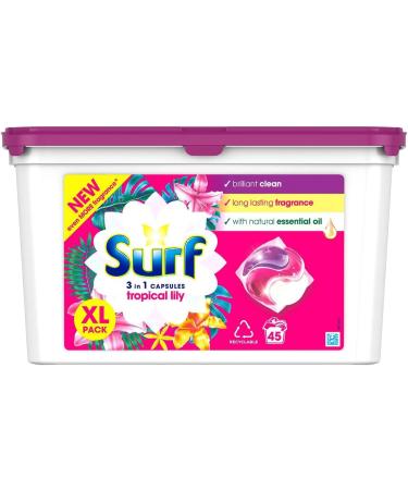 Surf 3-in-1 Tropical Lily Washing Detergent Capsules Brilliant Clean Long Lasting Fragrance and Made with Natural Essential Oil Laundry Detergent XL Pack 45 Washes (Buy 2) Tropical Lily 800 g (Pack of 1) - Buy Online on GoSupps.com