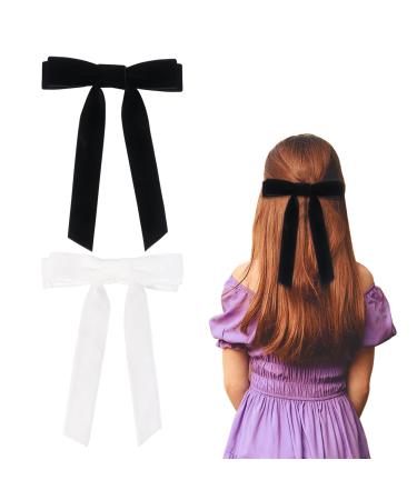 2Pcs Velvet Hair Bows Black Bow Hair Clips for Girls Women Hair Barrette with Long Ribbon Vintage Hair Accessories Women Girls(Black White)