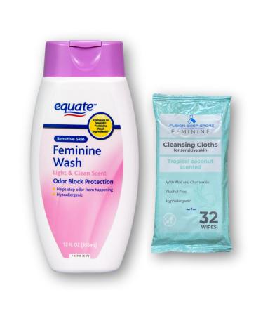 Ph Balance feminine wash | Equate 12 oz (1) set with Fusion Shop Store Feminine Cleasing Cloths for Sensitive Skins (1)