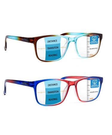K KENZHOU Progressive Multifocus Wide Square Frame Reading Glasses Blue Light Blocking for Women Men No Line Multifocal Readers 200 C1c2