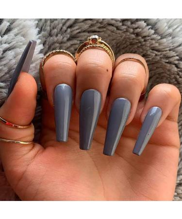Brishow artificial fingernails coffin long pure color ballerina for sticking glossy full cover acrylic for women and girls 100 pieces (gray)