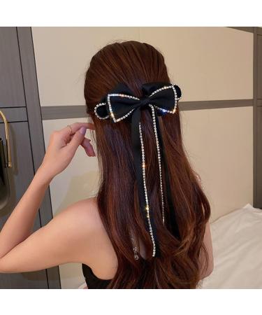 Jumwrit Large Bow Hair Clip Long Ribbon Hair Bows Rhinestone Tassel Hair Clip French Design Barrettes Fashion Hair Styling Accessories for Women Girls
