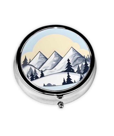 White Snowy Mountainsround Pill Box 3 Compartment Round Pill Box Organizer * Portable Travel Pill Box for Traveling.