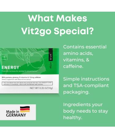 Vit2Go Natural Energy Drink Mix - 124mg Caffeine from Ginseng & Guarana | Sugar-Free No Crash Pre-Workout Powder | B Vitamins Magnesium & Zinc | Focus & Performance | Keto Vegan | 25 Portions - Buy Online on GoSupps.com