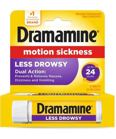 Dramamine All Day Less Drowsy Motion Sickness Relief Tablets | 8 Tables per Vial | 25 MG Each | 2-Pack
