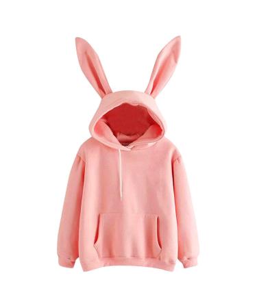 Women young girl autumn nice clothes long -sleeved round neck sweater rabbit ears hat female warn solid hoodies outfit pink xl