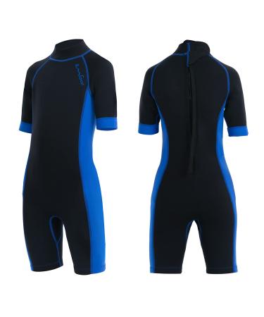 OMGear Wetsuit Kids 2mm 3mm Shorty Neoprene one Piece Short Sleeves Diving Suits Back Zipper Thermal Swimsuit for Youth Boys Girls Scuba Diving Surfing Snorkeling Swimming Water Sports black & aqua 12