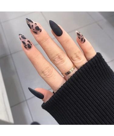 24Pcs Medium Tip Matte Black Frosting Leopard False Nails - Short Press Full Cover Fake Nails for Women and Girls - Buy Online on GoSupps.com