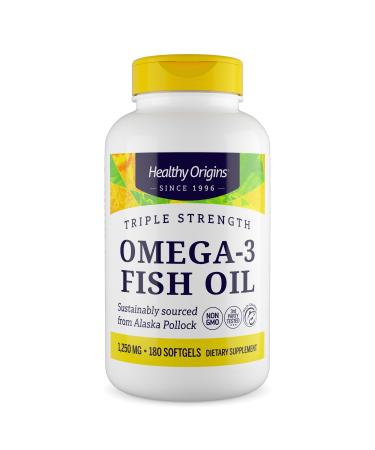 Healthy Origins Triple Strength Omega 3 Fish Oil 1250mg from Wild Alaska Pollock with DHA EPA & Omega 3s Gluten-Free Non-GMO 180 Softgels
