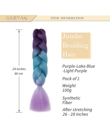 Gairyan Jumbo Braids Extensions - 100g 60cm Ombre Synthetic Braid Hair for Box Crochet - Purple Lake Blue & Light Purple - Buy Online on GoSupps.com