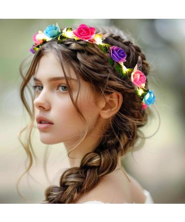 Zoestar Light Up Flower Crown Headband LED Hair Wreath Headbands Bridal Floral Headpiece Festival Party Hair Accessories for Women and Girls (Colorful Standard Size) - Buy Online on GoSupps.com