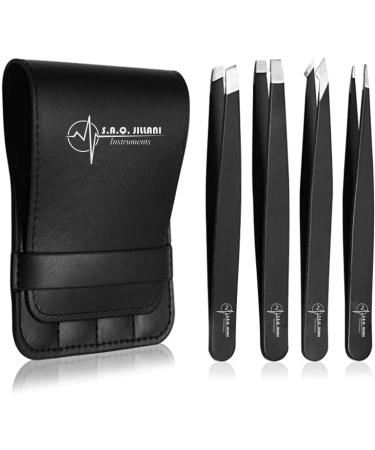 S.A.Q. JILLANI Eyebrow Precision Tweezers Set- For Men and Women Facial and Ingrown Hair Removal - Professional Stainless Steel Splinter and Slant 4 Pieces with Case (Black)