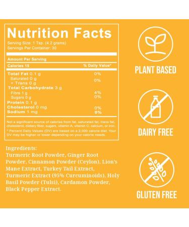 Golden Milk Turmeric Latte - Ultra Concentrated Superfoods - Lion's Mane & Turkey Tail Mushroom Ceylon Cinnamon Black Pepper Extract Tea Blend - Dairy-Free Made in Canada 30 Servings (125 grams) - Buy Online on GoSupps.com
