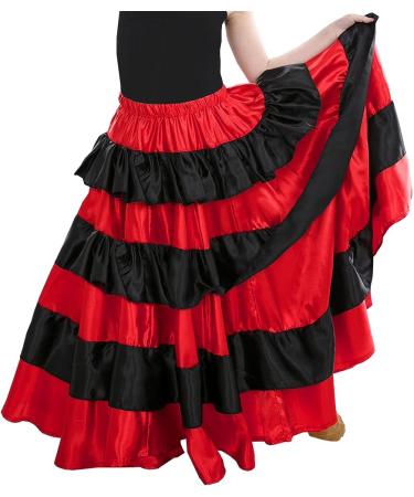 Gypsy Tea Long Ankle Length Belly Dance Spanish Flamenco Skirt for Girls 8-12 Years - Black-red - Buy Online on GoSupps.com