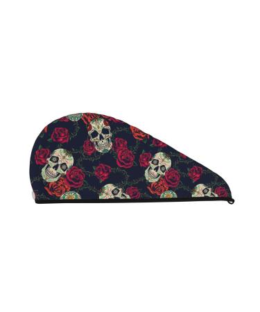 Hair Towel Wrap Hair Drying Towel with Button Towel Turban Head Towel to Dry Hair Quickly (Roses Skulls)