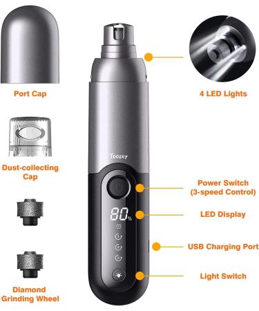 Toozey Dog Nail Grinder with LED Lights - Powerful Electric Nail Trimmer for Dogs & Cats - Buy Online on GoSupps.com