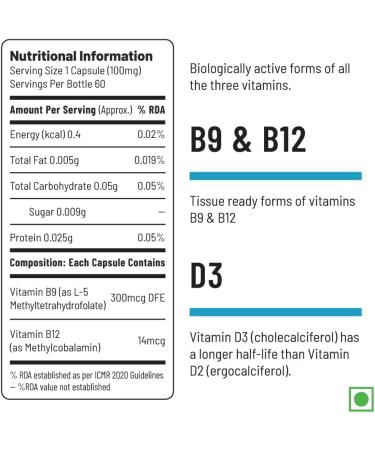 Kavir Vitamin B12 Veg 14mcg Methylcobalamin (98%) with 300mcg Methyltetrahydrofolate (5-MTHF) Brain Cells & Nerve Tissue Support 60 Servings 60 Vegan Capsules - Buy Online on GoSupps.com