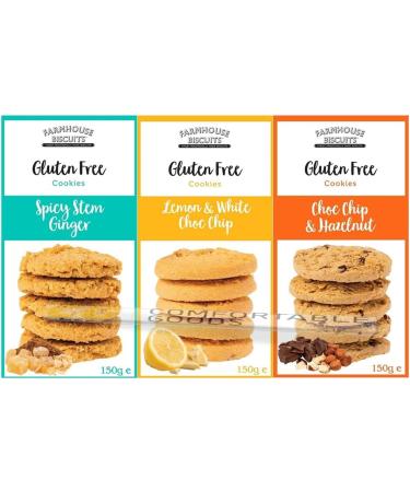 Farmhouse Biscuits Gluten Free Cookies Selection - Choc Chip & Hazelnut Lemon & White Choc Chip and Spicy Stem Ginger - Buy Online on GoSupps.com