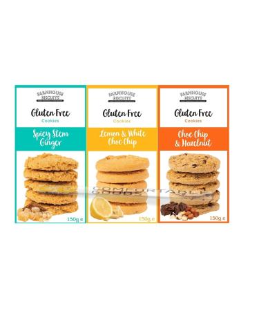 Farmhouse Biscuits Gluten Free Cookies Selection - Choc Chip & Hazelnut Lemon & White Choc Chip and Spicy Stem Ginger