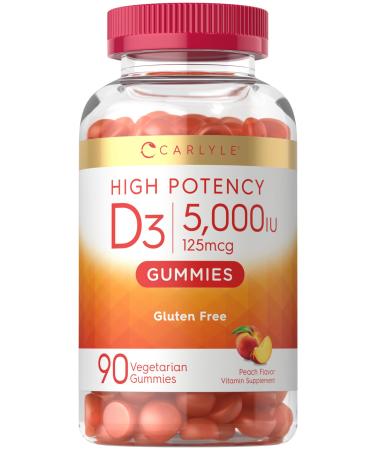Carlyle Vitamin D3 Gummies | 5000 IU (125 mcg) | 90 Count | High Potency for Adults | Peach Flavor | Vegetarian Non-GMO Gluten Free Supplement 90 Count (Pack of 1)