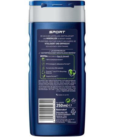 Nivea Men Sport Shower Gel (250ml) - pH Skin-Friendly Vitalizing Fragrance 5-Pack for Body Face & Hair - New Version - Buy Online on GoSupps.com