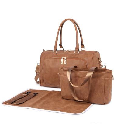 Miss Lulu 4PCs Baby diaper bag baby bag Big diaper diaper bag hospital wrap bag with waterproof wrapping pad and insulation tasting (brown)