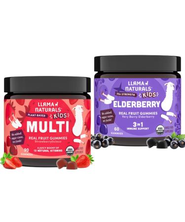 Llama Naturals Kids Multivitamin Gummies + Elderberry Gummies Bundle | No Added Sugar Cane | Vegan | Organic | 2 Bottles
