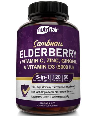 NutriFlair Sambucus Elderberry 120 Vegetarian Capsules - 5 in 1 Immune Support and Antioxidant Supplement with Vitamin C Vitamin D3 5000 IU Zinc Ginger Black Elderberry - 2 Month Supply