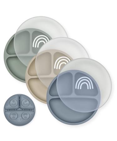 Hippypotamus Suction Plates with Lids - Babies & Toddlers - 100% Food-Grade Silicone Divided Plates - BPA Free - Microwave & Dishwasher Safe - Set of 3 (Fog/Nude/Sage) Fog / Nude / Sage