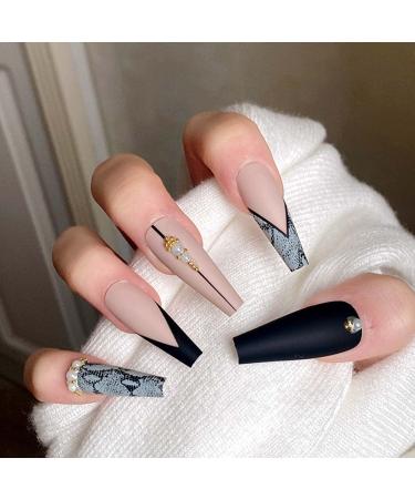 Bufenia Coffin Butterfly Fake Nails Leopard French Ballerina False Nails Matte Snake Pattern Pearl Press on Nails Long Full Cover Acrylic Nails Stick on Nails for Women and Girls (B)