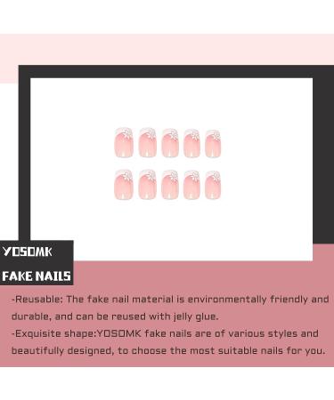 YOSOMK French Flower Square Short Press On Nails - Glossy Stick On Acrylic False Nails for Women - Buy Online on GoSupps.com