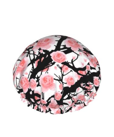 Women Reusable Stretch Hem Hair Hat Flower Tree Pink Cherry Blossom Double Layers Waterproof Shower Cap Bath Cap